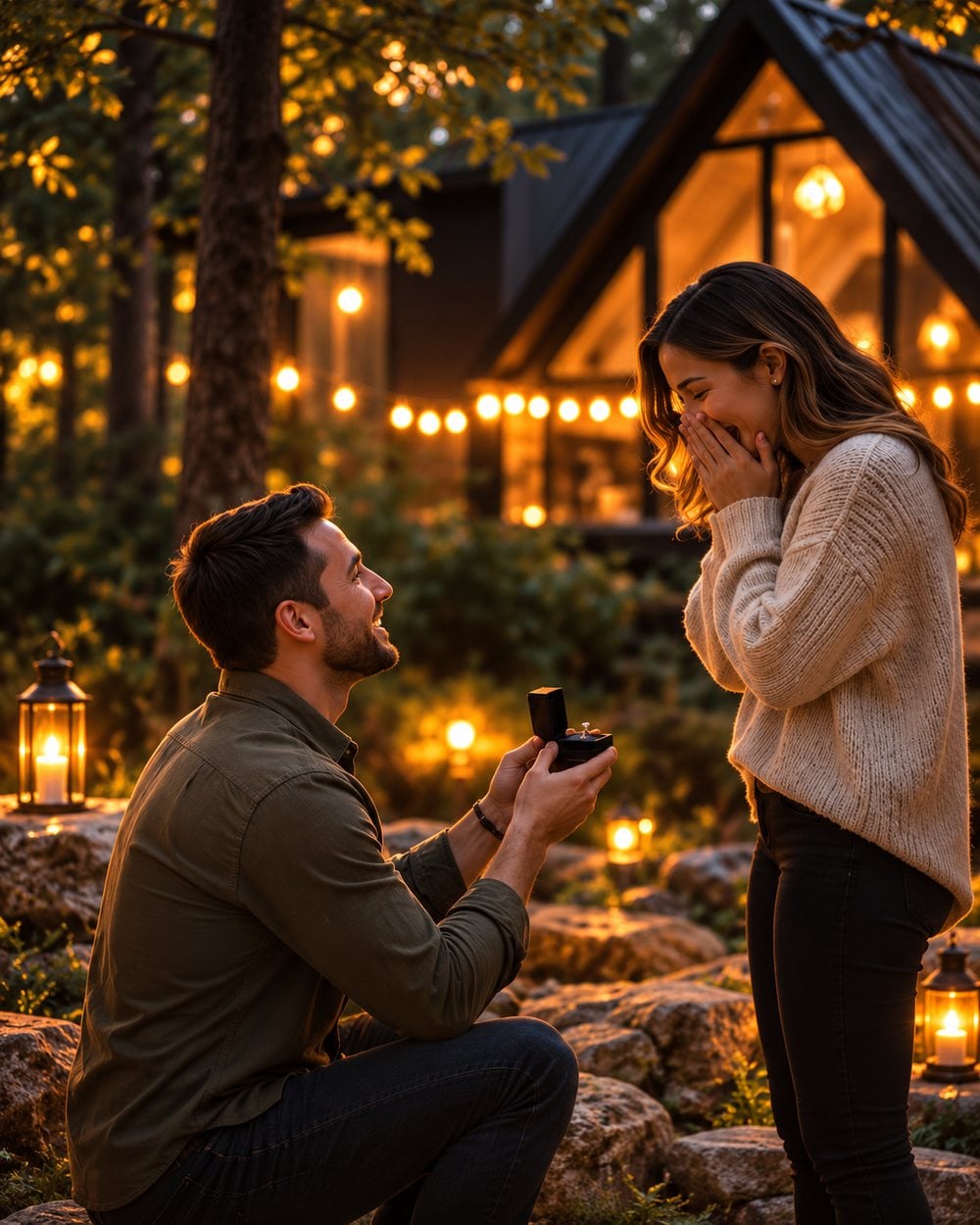 A man on one knee proposing outside a lantern-lit A-frame cabin at dusk