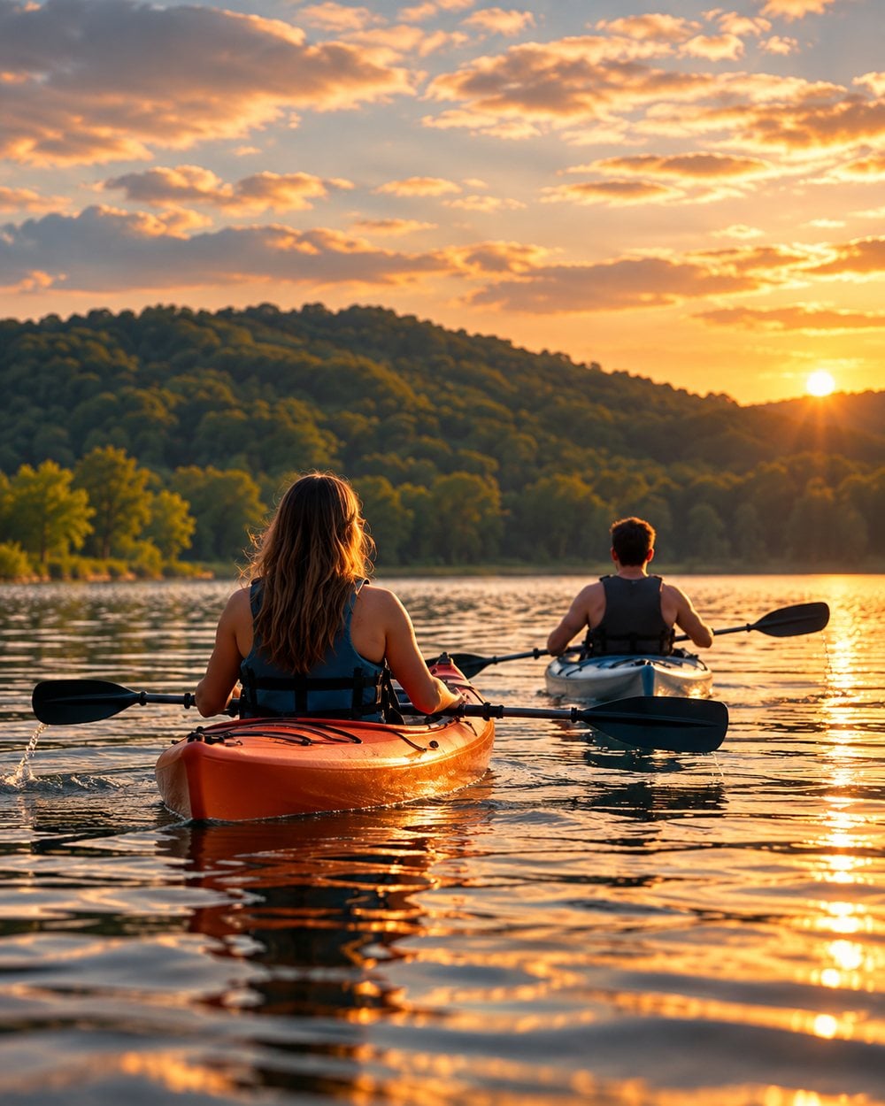 Two kayakers paddling across open water towards a sunset