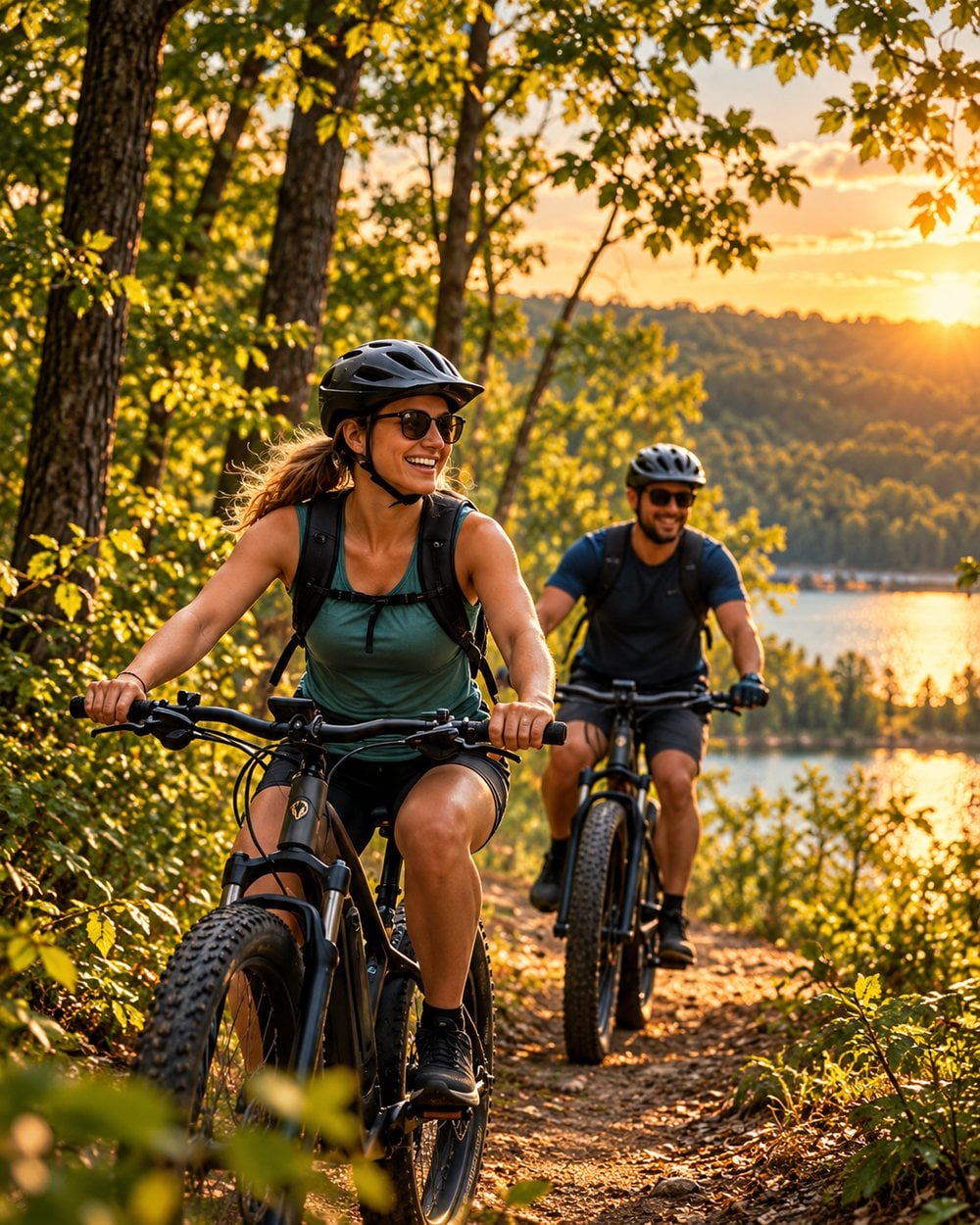 Two riders on e-bikes on a wooded trail above a lake at golden hour