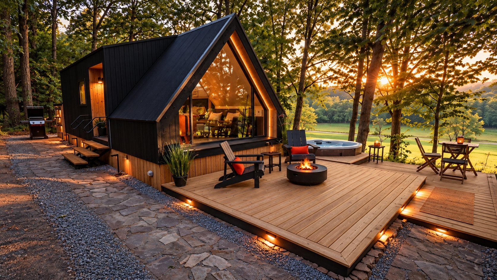The Marburg Cabin at golden hour, its deck lit with a fire pit and hot tub, the field beyond the trees