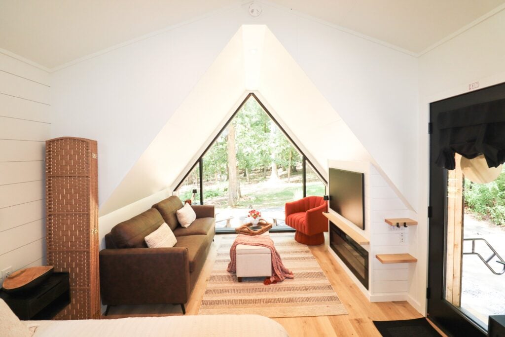 The open-plan interior of the cabin